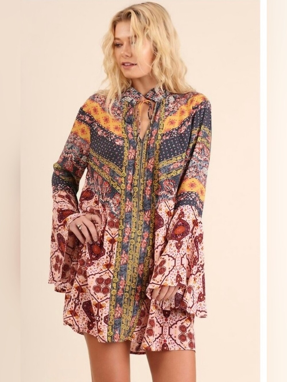 Umgee "Take You Away" (or "Daydream Believer") Mixed Print Boho Tunic Mini Dress